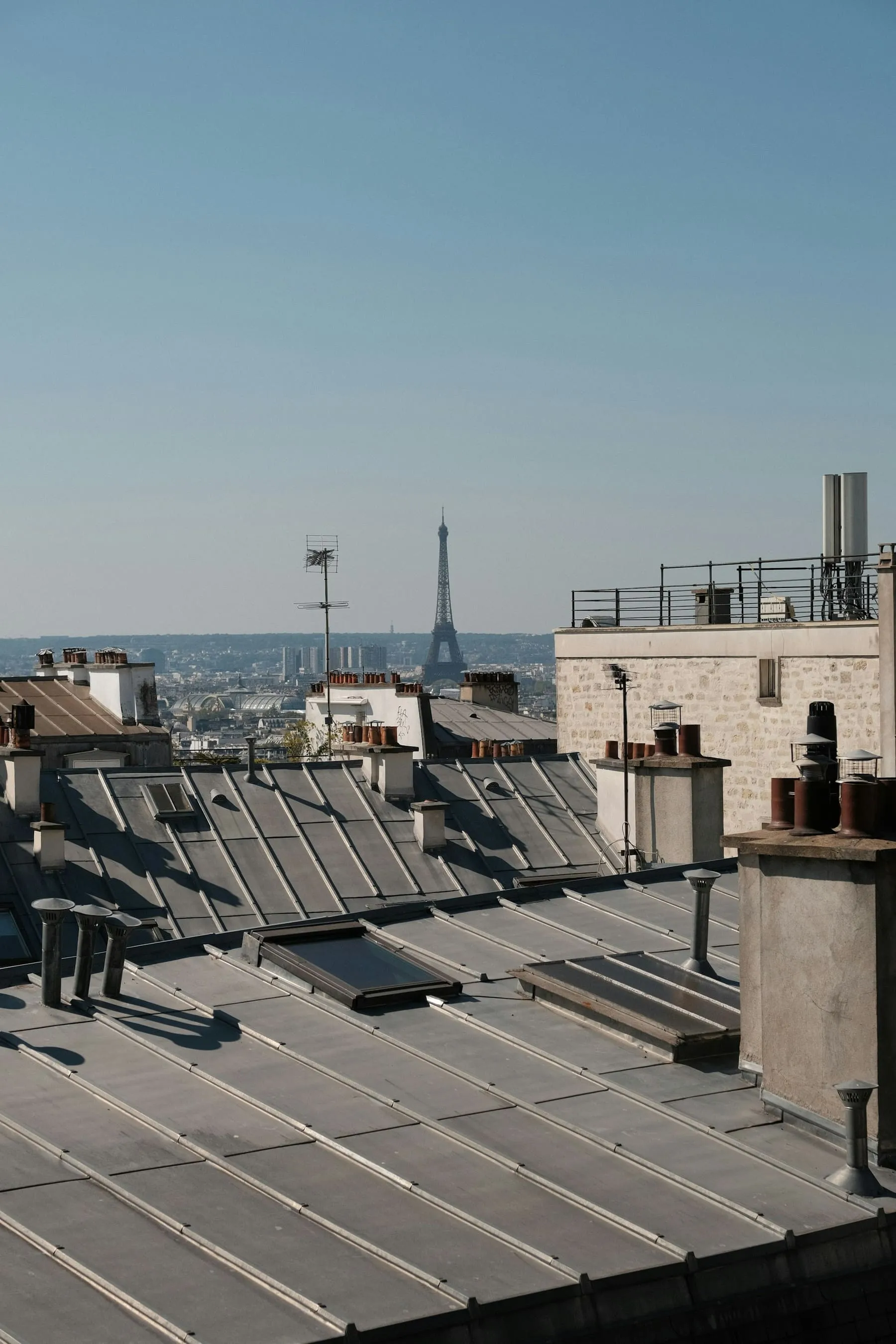 Toits en zinc et souches de cheminée parisiens, la tour Eiffel au loin